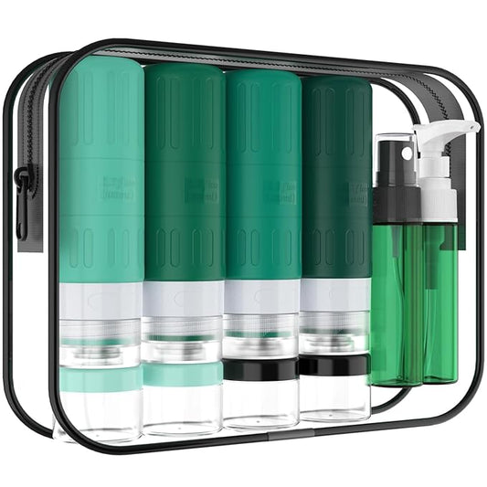GLAMFIELDS Travel Bottles for Toiletries,TSA Approved 3.3oz Size LeakProof Silicone Toiletry Containers for Shampoo, Conditioner,Easy to Squeeze，Portable Travel Essentials for Lotion(18 Pack) Green