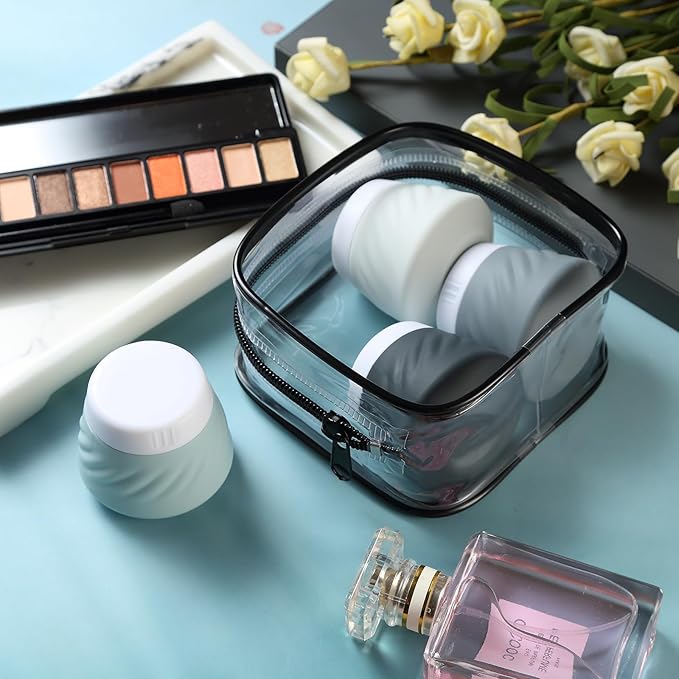 Gemice Silicone Cream Jars TSA Approved Travel Size Containers with Clear Bag, Leak-proof Travel Accessories with Lid for Cosmetic Face Body Hand Cream (4 Pack)