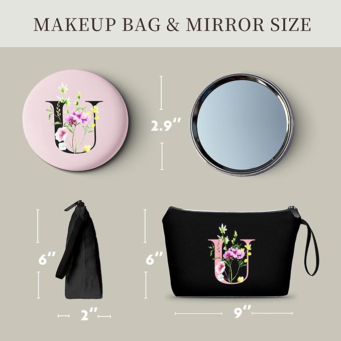 SEAMOON Birthday Bridal Shower Unique Initial Gifts for Women Mom Sister Daughter Friend Bff Personalized Travel Makeup Cosmetic Bag with Mirror Valentines Mothers Day Christmas Graduation U