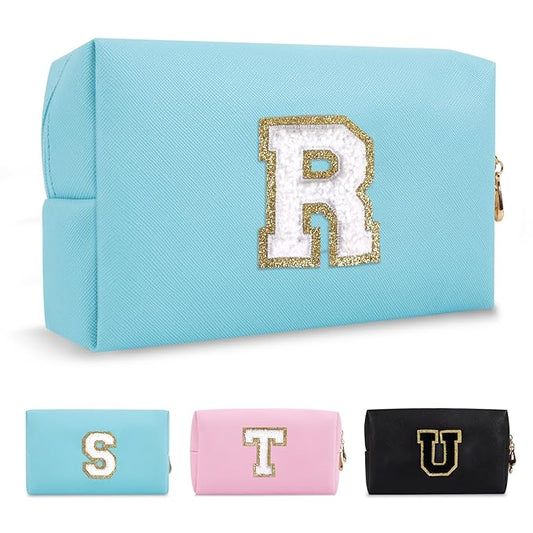 Small Personalized Initial A-Z Preppy Patch Makeup Bag,PU Chenille Letter Travel Cosmetic Pouch with Zipper,Blue Cute Toiletry Bag,Gift Ideal for Teen Girls Women Teacher Bridesmaid,Letter R