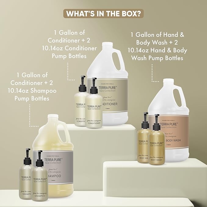 Spa Collection Gallon & Dispenser Set | 1-Shoppe Amenities Kit | Shampoo, Conditioner, Body Wash | Refillable 10.14 oz Pump Bottles
