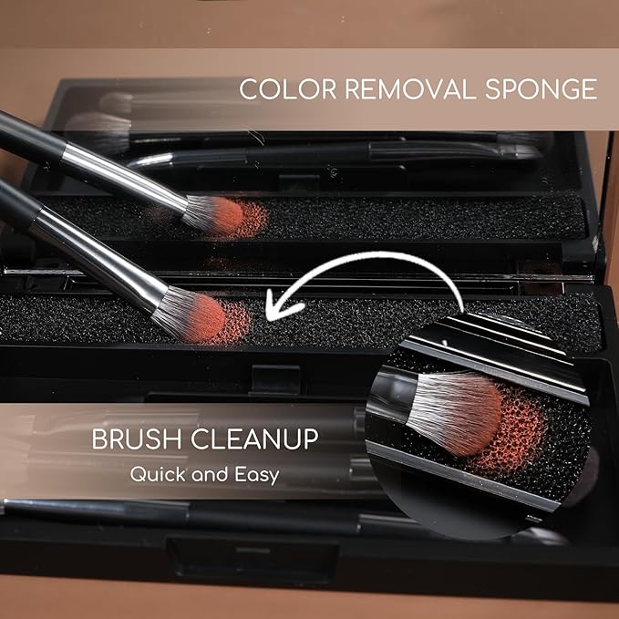 ENERGY Travel Eye Makeup Brush Set Eyeshadow Eye Blending Eyeliner Under Eye Concealer Eye Brow Smudge Makeup Kit with Portable Compact Mirror Case Double ended Makeup Brushes 4PCS