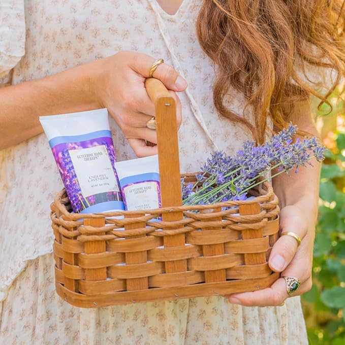 Camille Beckman Essentials Gift Basket, English Lavender, Glycerine Hand Therapy 6 oz, Silky Body Cream 13 oz, Hand and Shower Cleansing Gel 13 oz, Glycerine Soap 3.5 oz