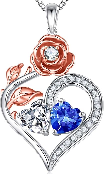 Iefil Rose Heart Birthstone Necklaces for Women - 925 Sterling Silver Double Birthstone Necklace, Anniversary Birthday Gifts for Women, Jewelry Gifts for Wife Her