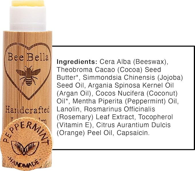 Bee Bella Lip Balm, Peppermint, 3 Pack - Hydrating Lip Care, 100% Natural, Original Organic Beeswax with Vitamin E, Handmade in USA