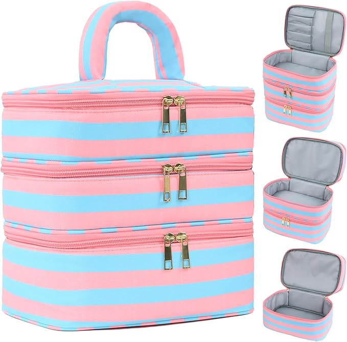 Three Layer Makeup Bag for Women Fashion Stripes Cosmetic Bag Preppy Style Travel Water-Resistant Toiletry Bag for Storage Toiletries Cosmetics Sets for Women Teen Girls Blue