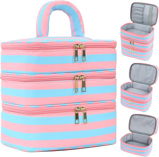 Three Layer Makeup Bag for Women Fashion Stripes Cosmetic Bag Preppy Style Travel Water-Resistant Toiletry Bag for Storage Toiletries Cosmetics Sets for Women Teen Girls Blue