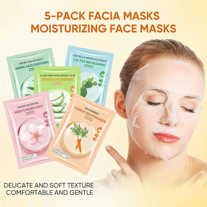 Sheets Face Masks Skincare for All Skin Types, Hydrating Facial Sheets Mask for Firming, Sheet Mask with Cherry Blossom Cactus Aloe Vera Facial Sheet For Moisturizing, Soothing, Face Mask for Women