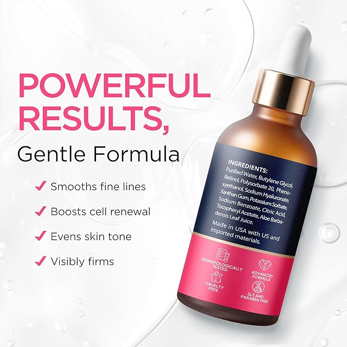 Retinol Serum for Face with Hyaluronic Acid, Vitamin E & Aloe Vera Anti-Aging Serum - All Skin Types - Supports Even Tone - Day and Night - Made in USA - 1 Oz