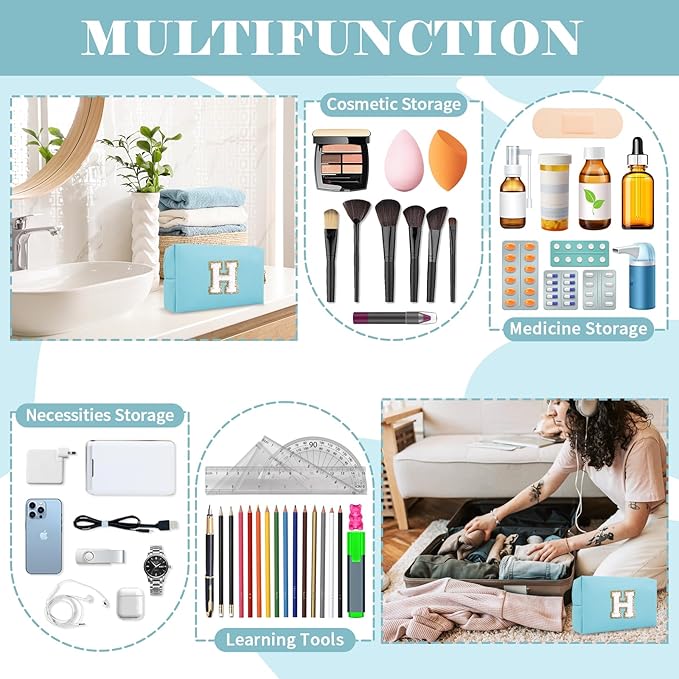 Small Personalized Initial A-Z Preppy Patch Makeup Bag,PU Chenille Letter Travel Cosmetic Pouch with Zipper,Blue Cute Toiletry Bag,Gift Ideal for Teen Girls Women Teacher Bridesmaid,Letter H