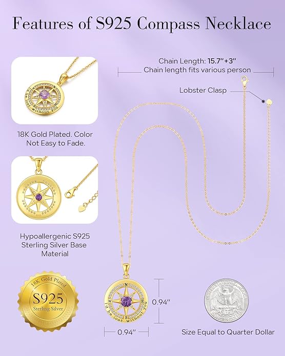 S925 Necklace Gift for Wife |Compass Jewelry |Women Anniversary |Sterling Silver |Girlfriend Birthday Gifts for Her Valentines |I'd be Lost without You |Jewel 18K Gold
