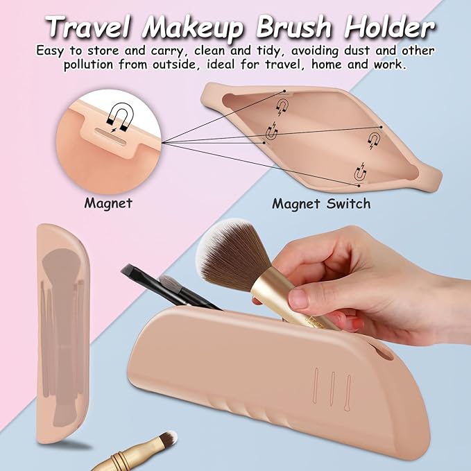 4 in 1 Makeup Brush Set, Travel Makeup Brushes with Case, Foundation Brush/Blush Brush, Eyeshadow Powder Brush,Concealer Brush (gold-silicon brush holder)