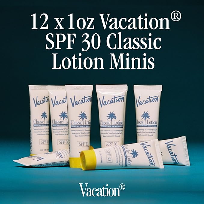 Vacation Mini Classic Sunscreen SPF 30, Water-Resistant, Bulk Suntan Lotion, Bachelorette Party Favors, Beach Must Haves, Traveling Essentials, Travel Size, 1 Fl. Oz. (Value Pack of 12)