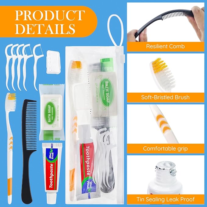 Personal Care Travel Toiletries Sets Bulk - Pack of 10,Disposable Toothbrushes with Toothpaste and Floss,Comb,Soap,Cover,Zip Bag 7-IN-1 Travel Size Toiletry Kit for Hotel,Guest,Homeless,Charity,Church
