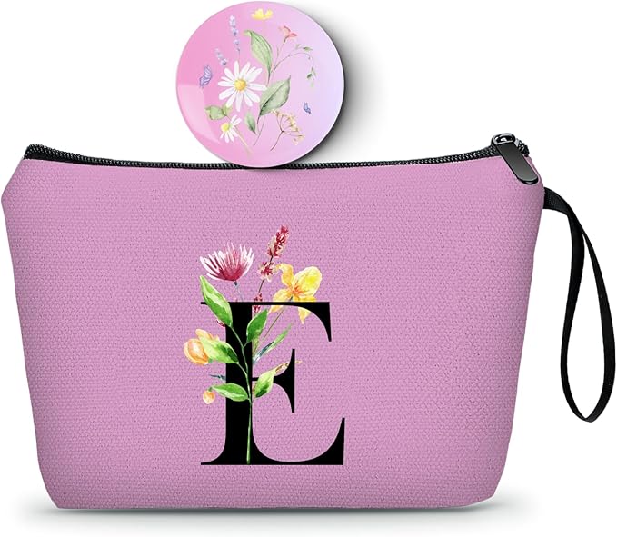 Women Birthday Unique Bride to be Bridal Shower Initial Gifts for Mom Sister Friend Her Teacher Aunt Makeup Cosmetic Bag with Mirror Mothers Day Christmas Graduation E