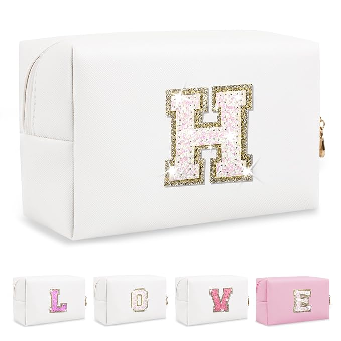 Small Initial Patch Makeup Bag Personalized Gifts Make Up Bag,White Cute PU Leather Glitter Letter Cosmetic Bag with Zipper,Trendy Portable Travel Toiletry Pouch,Preppy Stuff for Teen Girls Women H