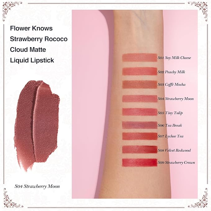 Flower Knows Strawberry Rococo Cloud Lip Cream,Velvety Matte Liquid Lipstick,Pink Lipstick,Long Lasting Lip Stain,Kiss-proof Blurred Lipstick for Girls&Women,0.12 Fl Oz(S04 Strawberry Moon)
