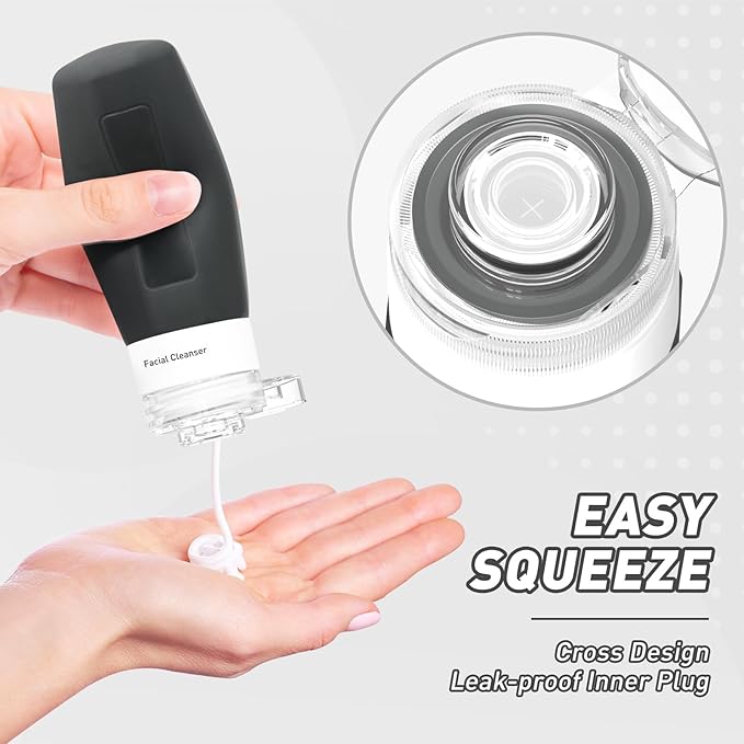 Redfly Travel Bottles for Toiletries, 3oz Tsa Approved Travel Size Containers, BPA Free Leak Proof Containers for Toiletries, Silicone Refillable Essentials for Shampoo Conditioner Black-white