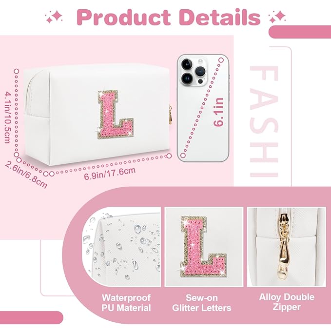 Small Initial Patch Makeup Bag Personalized Gifts Make Up Bag,White Cute PU Leather Glitter Letter Cosmetic Bag with Zipper,Trendy Portable Travel Toiletry Pouch,Preppy Stuff for Teen Girls Women L