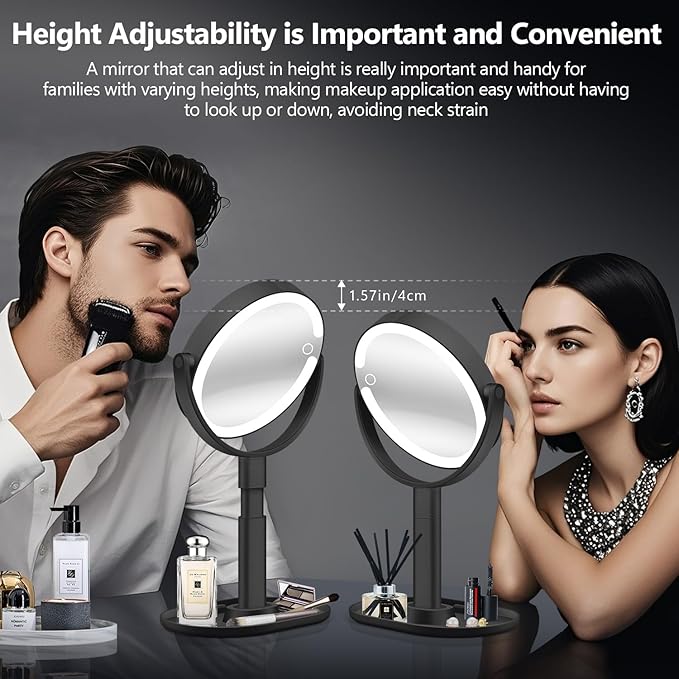 MIYADIVA Makeup Mirror with Lights, 30X Magnifying Mirror with Light and Touch Switch, Vanity Mirror with 3 Color Light and 80 LEDs, Height Adjustable Desk Mirror with Lights, Black