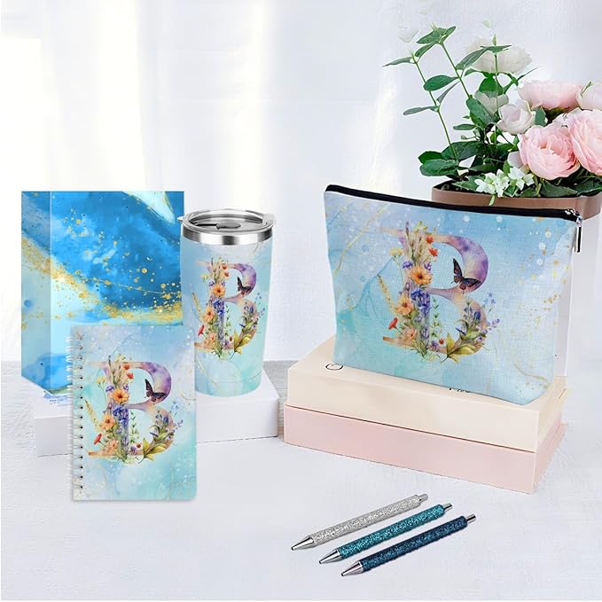 Personalized Gifts Monogrammed Birthday Gifts for Women, Cowerker Mom Mothers Day Christmas Initial 20 oz Tumbler, Makeup Bag Cup Ballpoint Pens Journal Notebook 6 Set, (Aesthetic Blue Flower B)