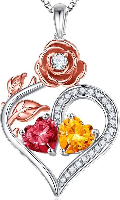 Iefil Rose Heart Birthstone Necklaces for Women - 925 Sterling Silver Double Birthstone Necklace, Anniversary Birthday Gifts for Women, Jewelry Gifts for Wife Her