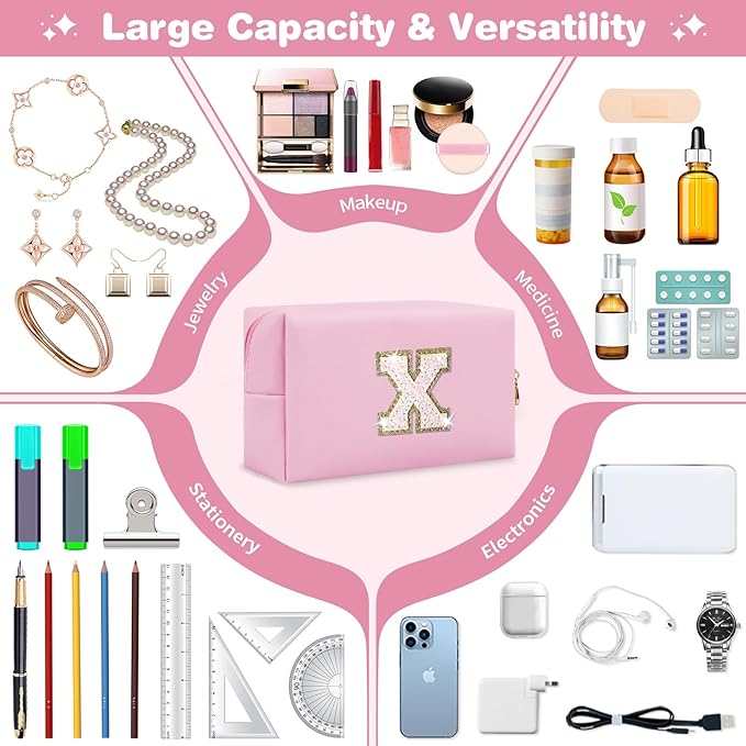 Small Personalized Initial A-Z Patch Makeup Bag,Pink Cute PU Leather Glitter Letter Cosmetic Bag for Teen Girls,Travel Toiletry Bag with Zipper,Preppy Monogrammed Birthday Gift for Daughter Niece X