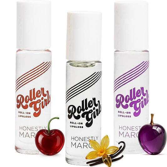 Honestly Margo Roller Girl Roll-On Lip Gloss Set (Cherry Cherry, Vanilla Crystal, and Grape Jazmin - Pack of 3) – Lip Gloss for Women with Hydrating Vitamin E & Moisturizing Shine, Non Stick