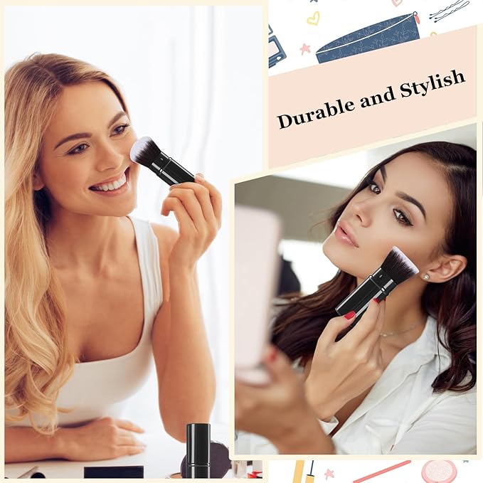 Retractable Makeup Brush 2 Pack, Travel Kabuki Powder Foundation Makeup Brush Face Blush Brushes for Blending Liquid, Blush, Bronzer, Buffing, Sunscreen,Flawless Cosmetics