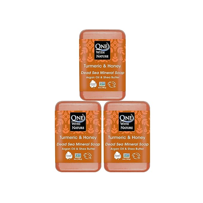 One With Nature Dead Sea Salt Turmeric Soap 4oz 3-Pack – Purifying and Exfoliating Soap Bar with Dead Sea Minerals and Turmeric for Face & Body, for Men & Women