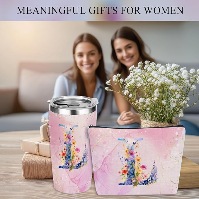 Personalized Gifts Monogrammed Birthday Gifts for Women, Mama New Mom Thanksgiving Wedding Christmas Initial 20 oz Tumbler, Makeup Bag Cup Pens Journal Notebook 6 Set, (Aesthetic Pink Flower L)
