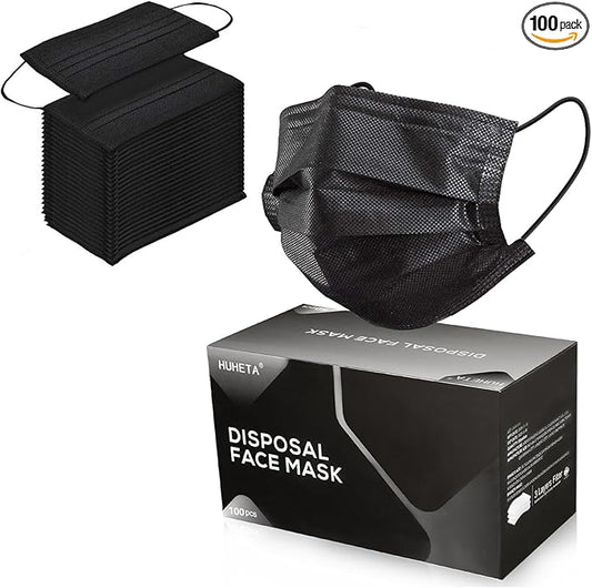 100PCs Black Disposable Face Mask 3-Ply Breathable & Comfortable Safety Mask, Protective Masks for Home, Office, School and Outdoors