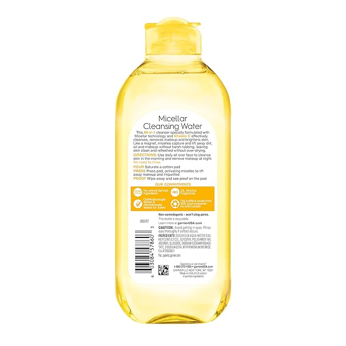 Garnier Micellar Water with Vitamin C, Facial Cleanser & Makeup Remover, Brightening & Hydrating, For All Skin Types, Vegan, Cruelty Free, 13.5 Fl Oz (400mL), 1 Count