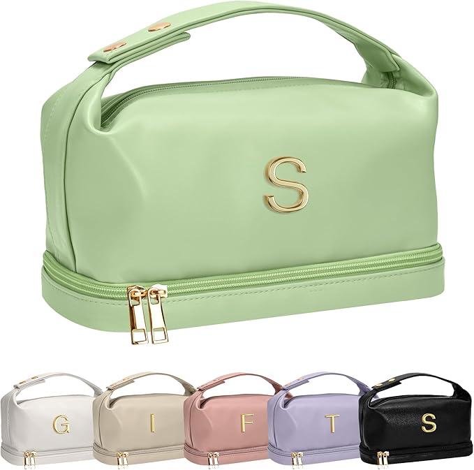 Gifts for Women 30s, Personalized Makeup Bag with Handle, Initial Double Layer Cosmetic Bag with Makeup Brush Organizer, Cute Cosmetic Pouch for Women, Gifts for Friends Female Mom