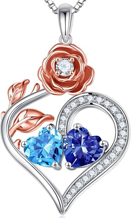 Iefil Rose Heart Birthstone Necklaces for Women - 925 Sterling Silver Double Birthstone Necklace, Anniversary Birthday Gifts for Women, Jewelry Gifts for Wife Her