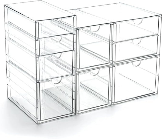 Prsildan Acrylic Drawer Makeup Organizer with 9 Drawers, Set of 3 Office Desk Organizers Accessories, Clear Stackable Storage Drawers for Vanity, Countertop, Craft, Jewelry, Art Supply Organization