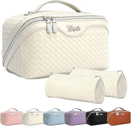 BOYATU Travel Makeup Bags for Women: Large Cosmetic Bag - Vegan Leather Make up Bags Set of 3 - Protable Toiletry Bag Compact Organizer with Compartments (L09 Beige)