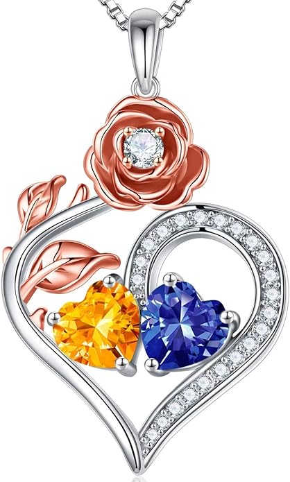 Iefil Rose Heart Birthstone Necklaces for Women - 925 Sterling Silver Double Birthstone Necklace, Anniversary Birthday Gifts for Women, Jewelry Gifts for Wife Her