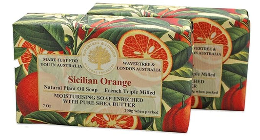 Wavertree & London Sicilian Orange Scented Natural Soap (2 Bars), 7oz Moisturizing French Triple Milled Soap Bars enriched with shea butter - Pure Plant Based Bath & Body Bars for All Skin Types