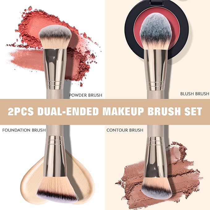Foundation Makeup Brushes, 2Pcs Premium Dual-Ended Makeup Brush (Foundation, Powder, Blush & Contour Brushes) for Buffing Liquid, Cream, Powder, Blending Face Brush, Fit for Home, Travel & Gifting