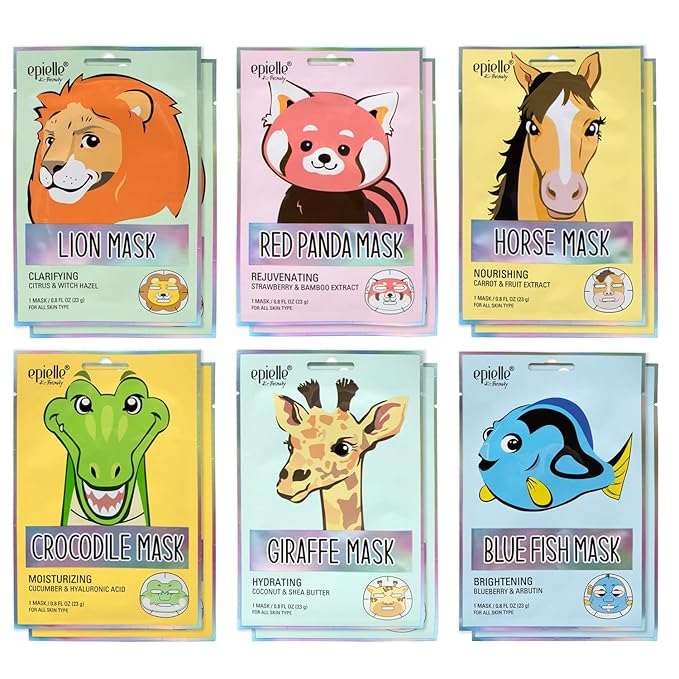 Epielle Animal Character Sheet Masks 12 Pack, Moisturizing & Hydrating Face Mask with Hyaluronic Acid & Fruit Extract, Korean Skin Care, Girls Spa Party Favors, Sleepover, Self Care Gifts for Women