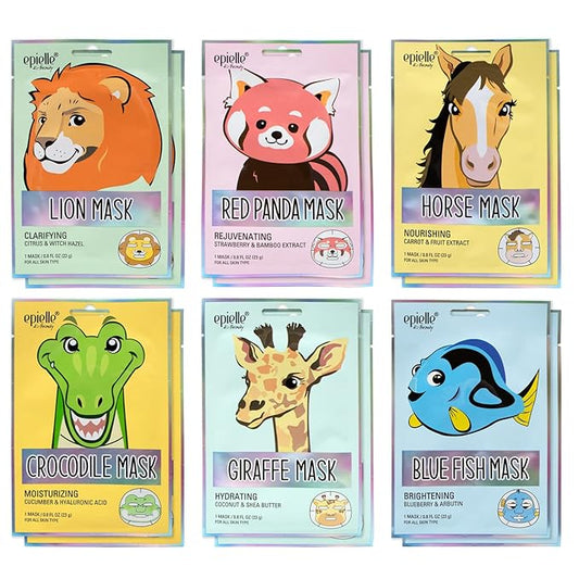 Epielle Animal Character Sheet Masks 12 Pack, Moisturizing & Hydrating Face Mask with Hyaluronic Acid & Fruit Extract, Korean Skin Care, Girls Spa Party Favors, Sleepover, Self Care Gifts for Women