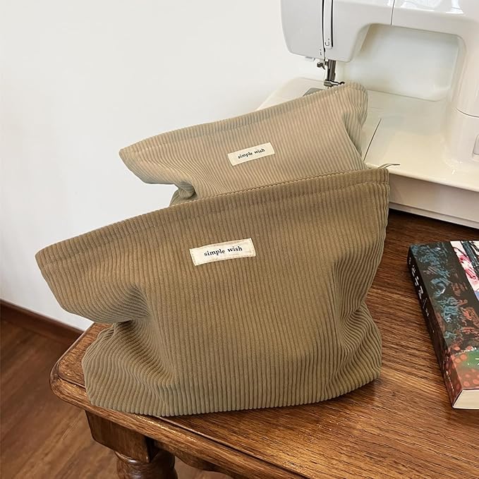 Wudygirl Corduroy Makeup Bag Cosmetic Bag for Women Cute Makeup Organizer Travel Makeup Pouch Toiletry Bag Aesthetic Handbag Pouches for Purse with Zipper (Camel)