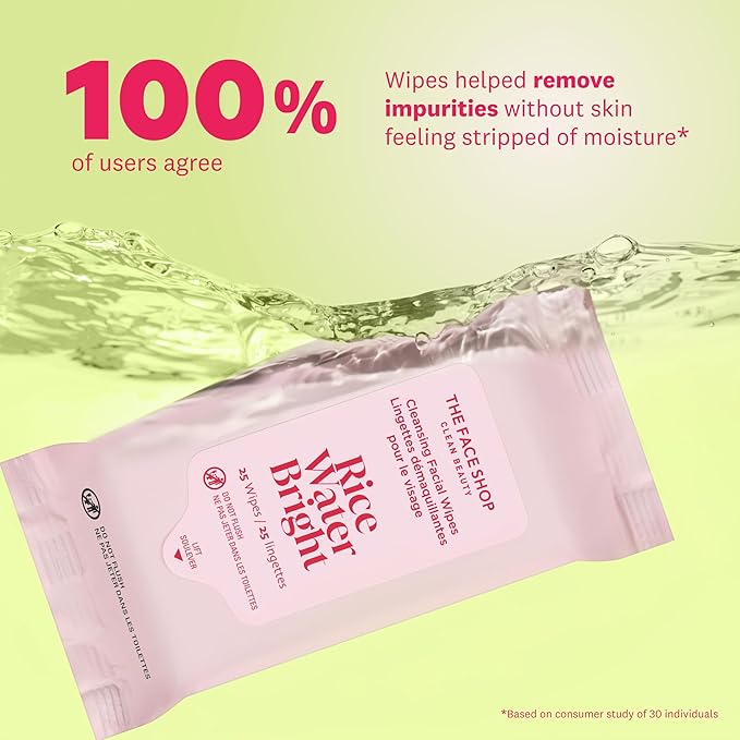 THE FACE SHOP X GLAMZILLA Rice Water Bright Cleansing Wipes On-the-Go Bundle for Face, Moisturizing, Infused with Rice Extract, Cleansing Facial Wipes, 25 Count (Pack of 3)