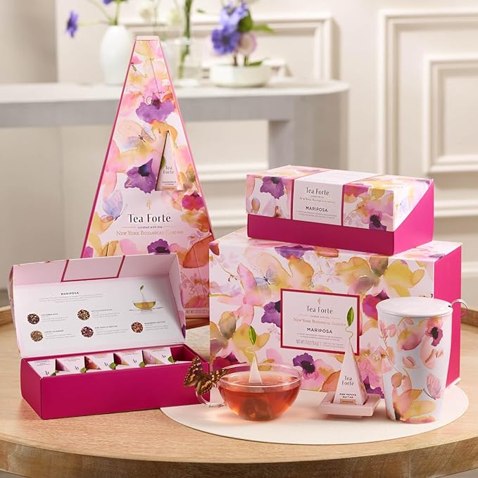 Tea Forte Mariposa Presentation Box Tea Gift Sampler, 20 Count, 2 of Each Variety Individually Wrapped Handcrafted Pyramid Infuser Bags