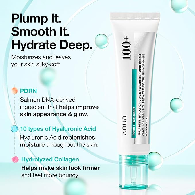 ANUA PDRN Hyaluronic Acid 100 Moisturizing Cream, Lightweight Hydrating Moisturizer with Salmon PDRN, Hyaluronic acid, Collagen for Glass Skin, Korean Skin Care (60ml / 2.02 fl. oz)