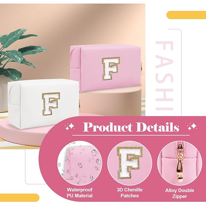 Personalized Initial A-Z Preppy Patch Makeup Bag,Small PU Chenille Letter Cosmetic Bag with Zipper for Teen Girls,Pink Cute Toiletry Organizer Bag,Monogram Makeup Case Gift for Women Girls,Letter F