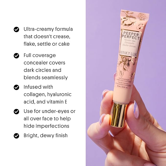 Winky Lux Peeper Perfect Under Eye Concealer, Makeup & Eye Brightener, Full Coverage Concealer for Dark Circles, Color Corrector & Eye Primer, With Collagen, Hyaluronic Acid & Vitamin E (Fair)