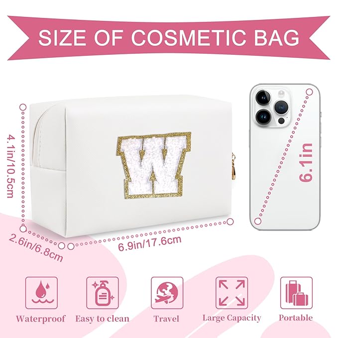 Small Personalized Initial A-Z Preppy Patch Makeup Bag,White PU Chenille Letter Travel Cosmetic Pouch with Zipper,Cute Toiletry Bag,Gift Ideal for Teen Girls Women Teacher Bridesmaid,Letter W
