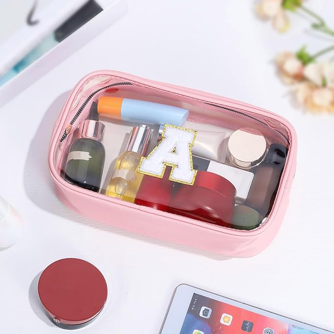 YOOLIFE Initial Travel Makeup Bag Pouch, Clear Toiletry Bag for Women Travel Accessories Cosmetic Bag Skin Care for Teen Make Up Bags Birthday Gifts for Women Unique Teacher Mom Friends Gifts Pink R